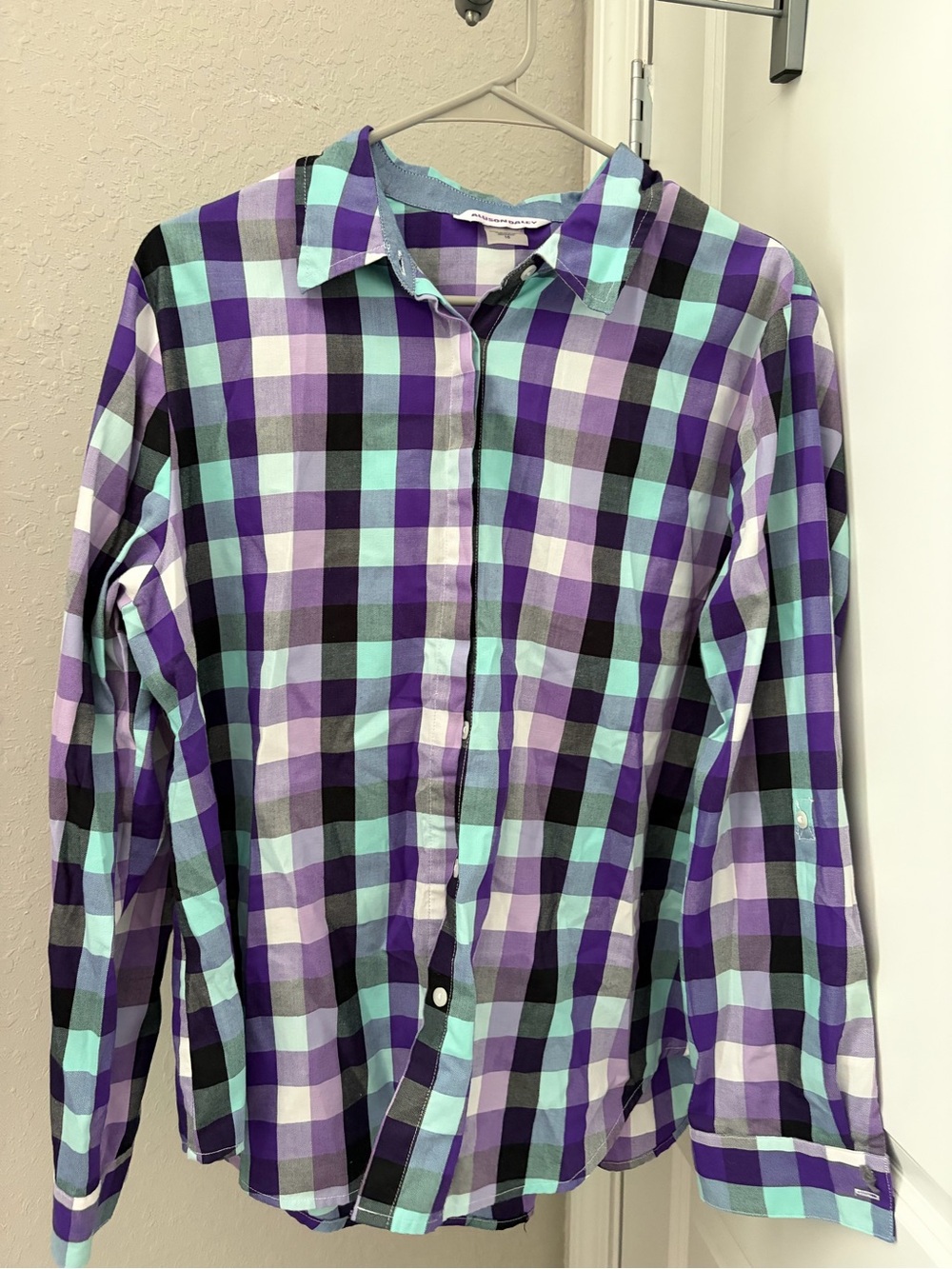 Allison Daley Purple, Teal & Black Plaid Button-Up Shirt